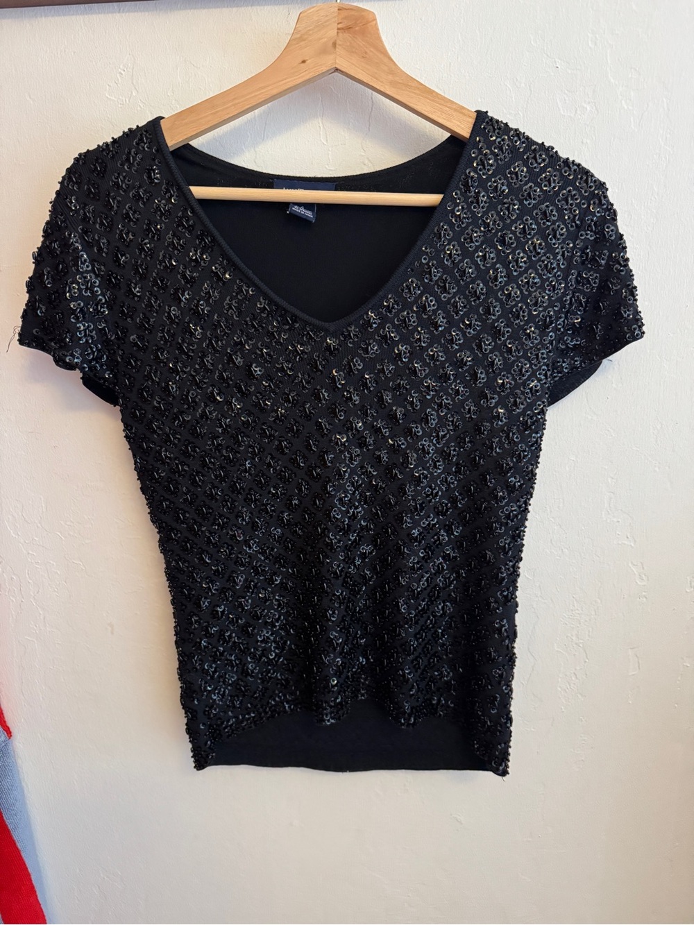 Ann Taylor Black Short-Sleeve Beaded V-Neck Top